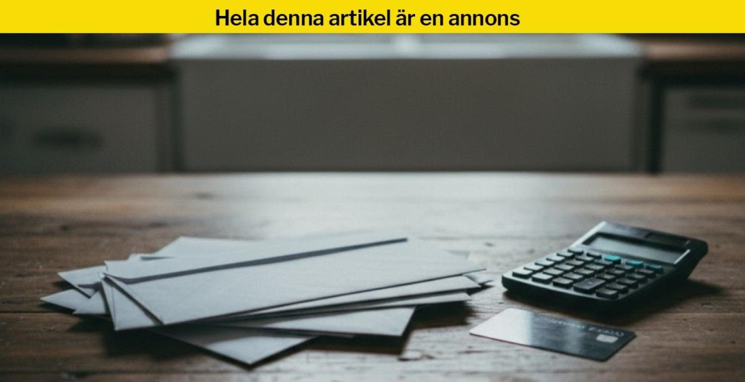 På ett träbord ligger en bunt kuvert, en miniräknare och ett kreditkort.