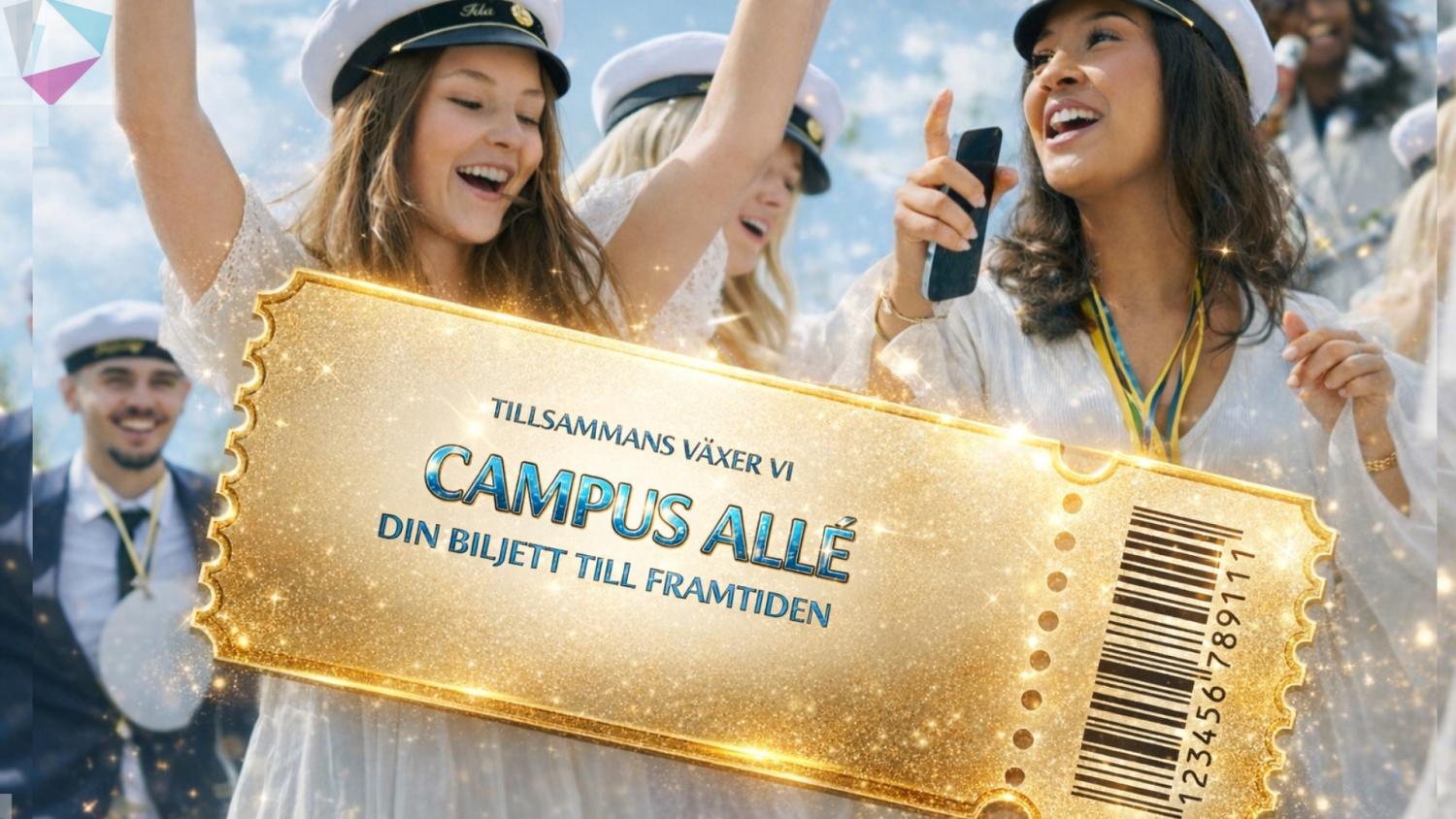 En grupp studenter i studentmössor firar examen utomhus, med en stor gyllene biljett i förgrunden med texten 