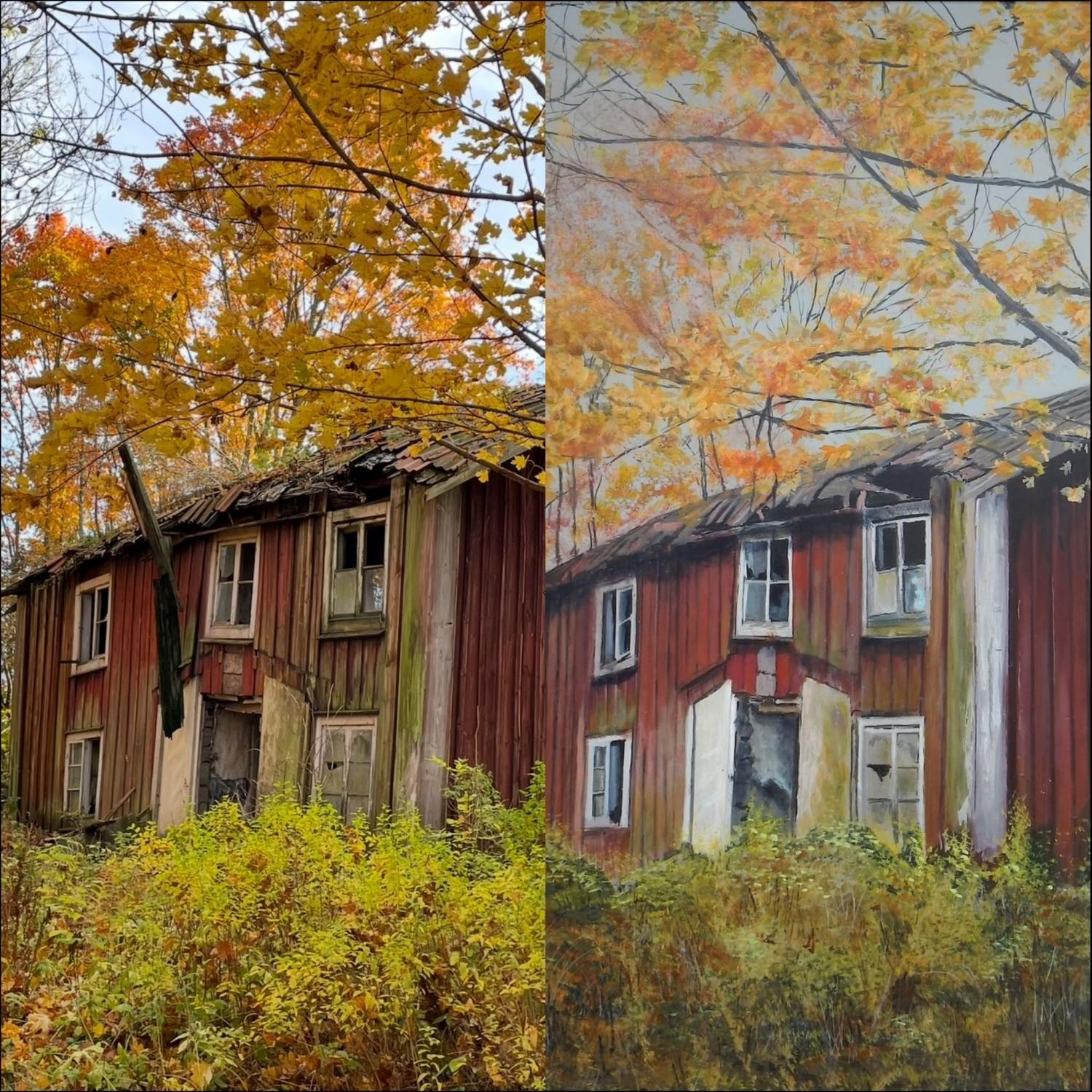 Delad bild som visar ett gammalt, rött hus med trasiga fönster under höstträd; vänster sida är ett fotografi, höger sida är en målad version av samma scen.