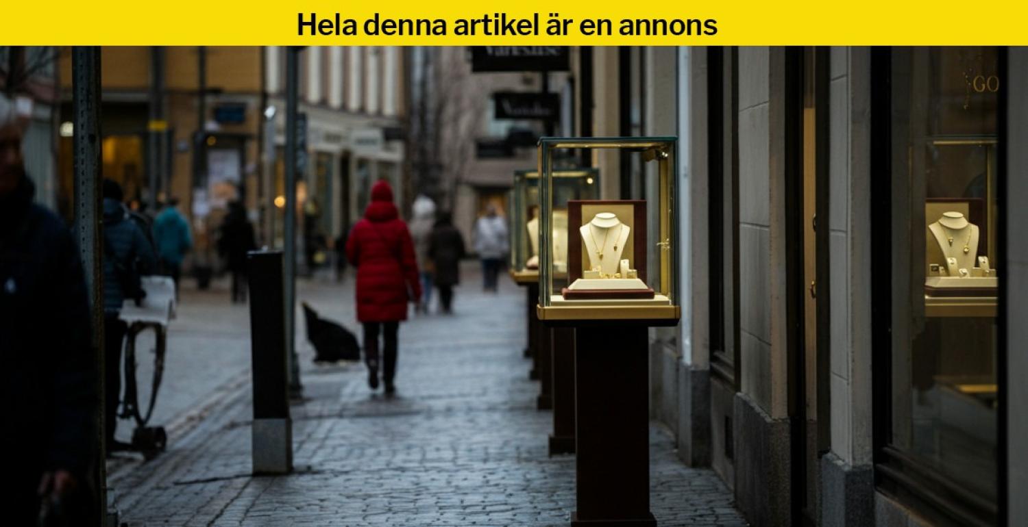 Smycken i ett skyltfönster på en gata i en stad med människor som går förbi en molnig dag.