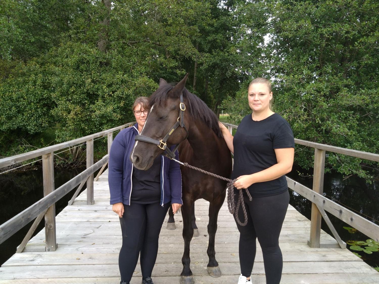 Två kvinnor står på en träbro med en mörkbrun häst, omgiven av gröna träd. En kvinna håller i hästens tyglar.