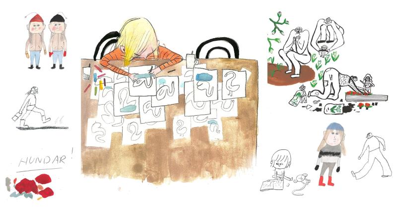 Ett barn sitter vid ett bord och ritar på ett papper, omgivet av fler teckningar. Olika små skisser och illustrationer är utspridda runt huvudbilden.