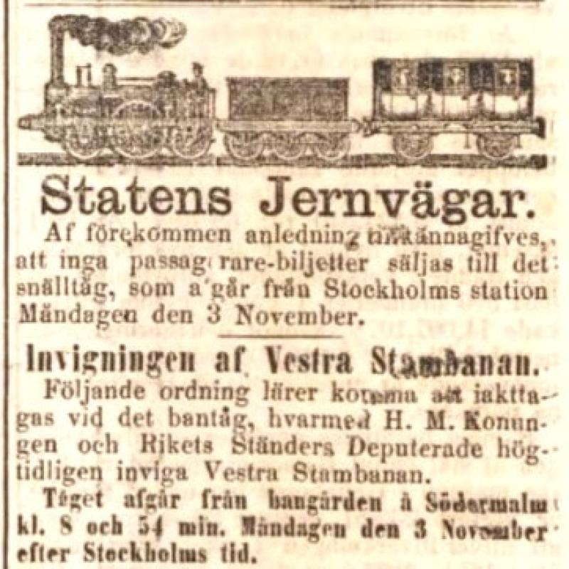 Historiskt tidningsklipp med illustration av ett ångtåg och vagn, som meddelar att Västra Stambanan från Stockholm invigs den 3 november.