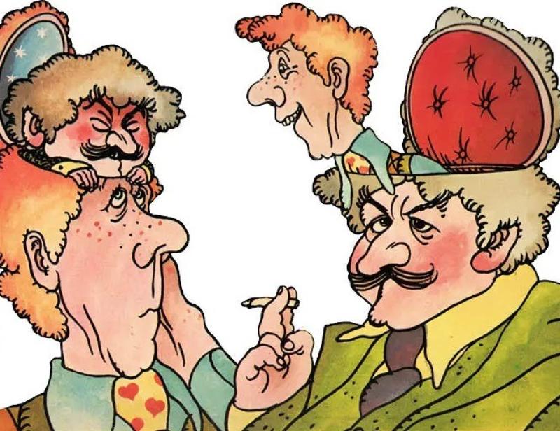 Tecknad illustration av fyra personer med överdrivna ansiktsdrag, en sitter på en annans axlar och en annan håller i en cigarett, alla i nära samspel med varandra.