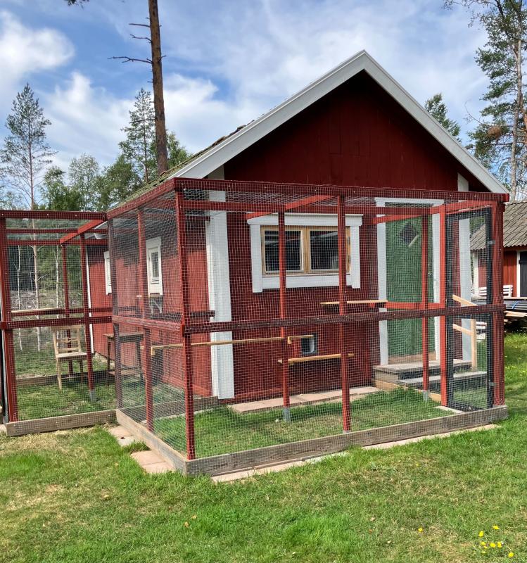 En röd träbyggnad med en grön dörr och vita lister ligger intill ett stort utomhusinhägnad av tråd på en gräsbevuxen tomt.
