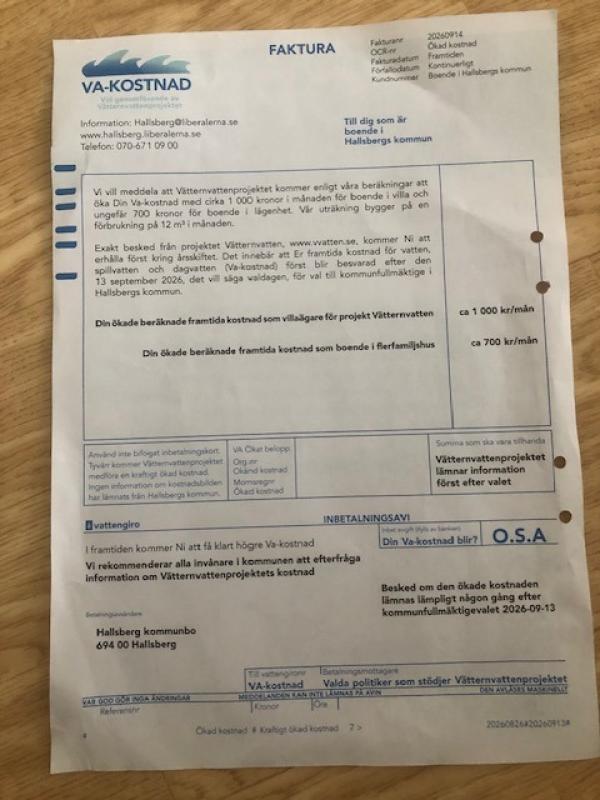 En tryckt svensk faktura med rubriken ”VA-KOSTNAD” innehåller uppgifter om kostnaderna för vatten- och avloppsprojektet, betalningsinformation samt en avrivbar betalningskupong längst ner.