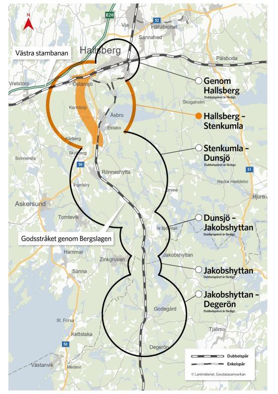 Karta som visar järnvägsrutter nära Hallsberg, Sverige, med markeringar från Genom Hallsberg till Jakobshyttan-Degerön. Huvudjärnvägar och anslutningslinjer är markerade.