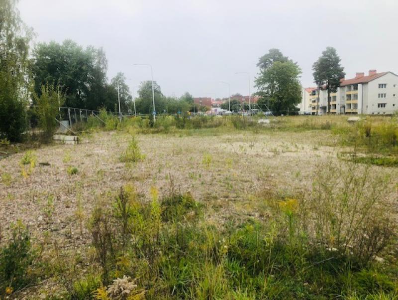Tomt med sparsam växtlighet, omgiven av träd och närliggande bostadshus under en molnig himmel.