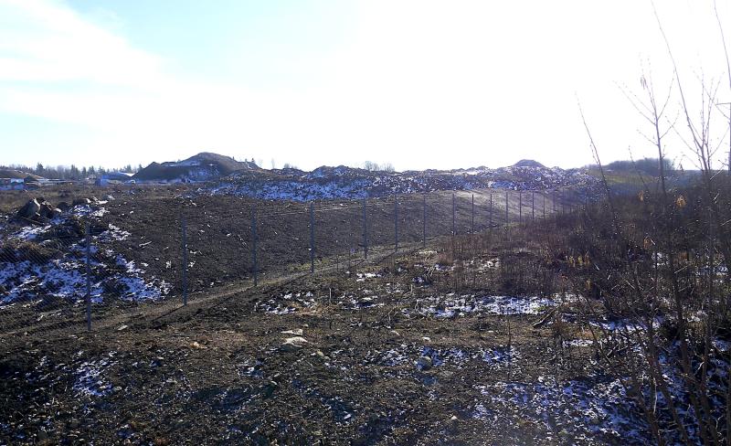 Gles vegetation i en oländig terräng med snöfläckar, under en klar himmel.
