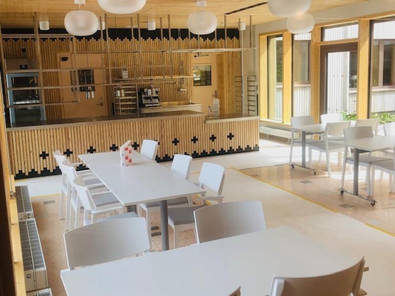 Modern cafeteria med vita bord och stolar, trädetaljer, stora fönster med naturligt ljusinsläpp och hängande runda armaturer. Utrymmet verkar rent och välorganiserat.