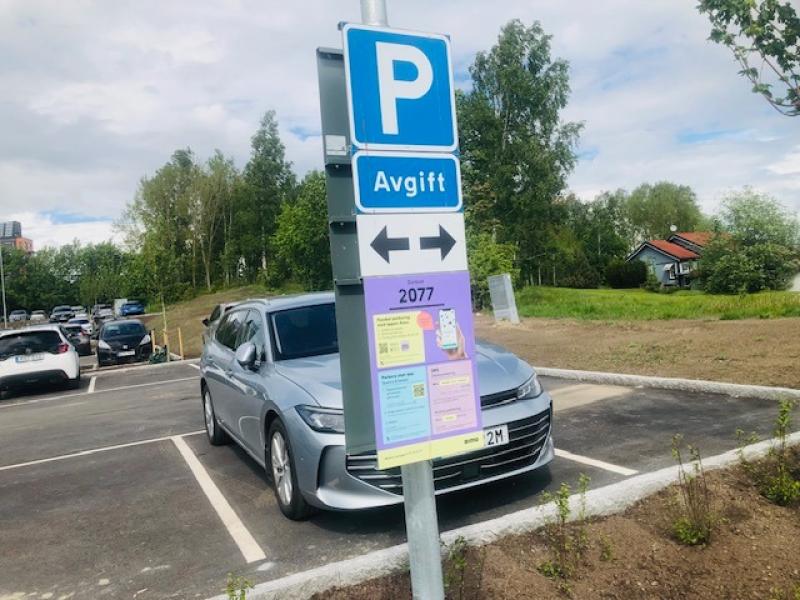 En silverfärgad bil parkerad bredvid en skylt med en blå parkeringsskylt, ordet 