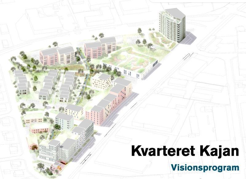 Flygbild över ett föreslaget stadsutvecklingsprojekt med flera flerbostadshus, grönområden och gångvägar, med beteckningen ”Kvarteret Kajan Visionsprogram”.