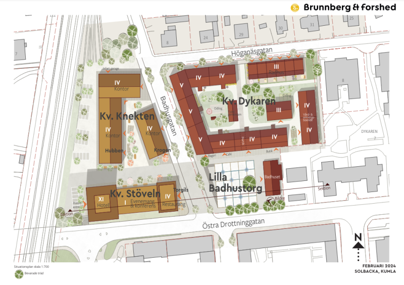 En detaljerad stadsplaneringskarta som visar märkta byggnader och gator med en norrpil, kommenterad på svenska, daterad februari 2024, som markerar brunnsberg & förshedområdet i kumla.