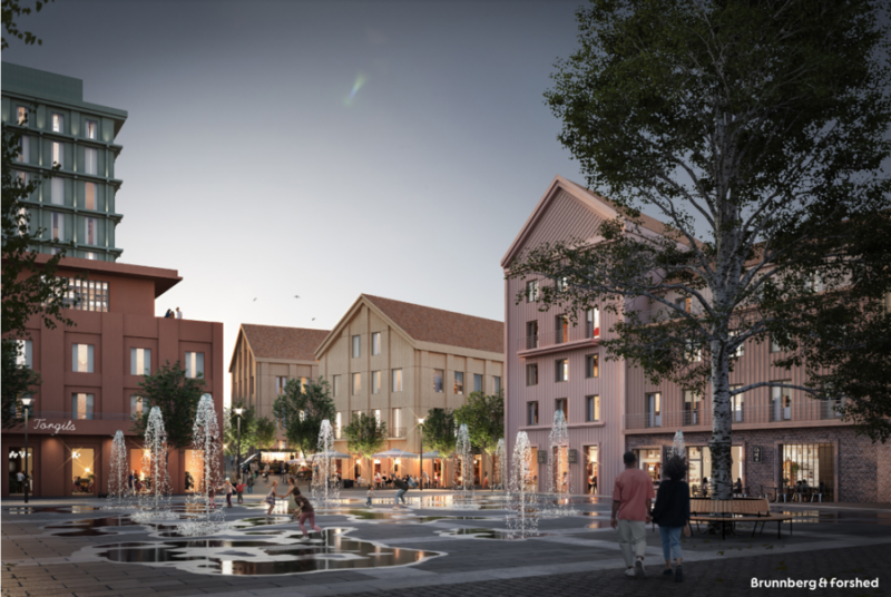Illustration av ett modernt torg i skymningen med människor, fontäner och samtida byggnader upplysta av mjuka ljus.