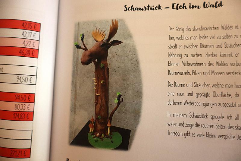 Ett utställningsföremål med titeln ”Elch im Wald” föreställer ett älghuvud tillverkat av ätbara material, monterat på en trädstam, med olika små skogsdekorationer på en svart sockel.