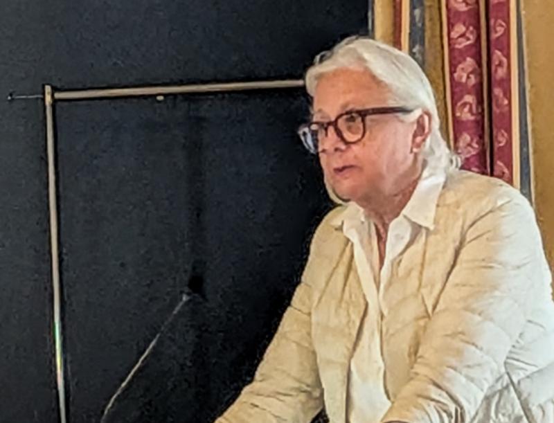 En person med vitt hår och glasögon, klädd i ljus kavaj och vit skjorta, står och talar vid ett podium framför en mörk bakgrund och en mönstrad gardin.