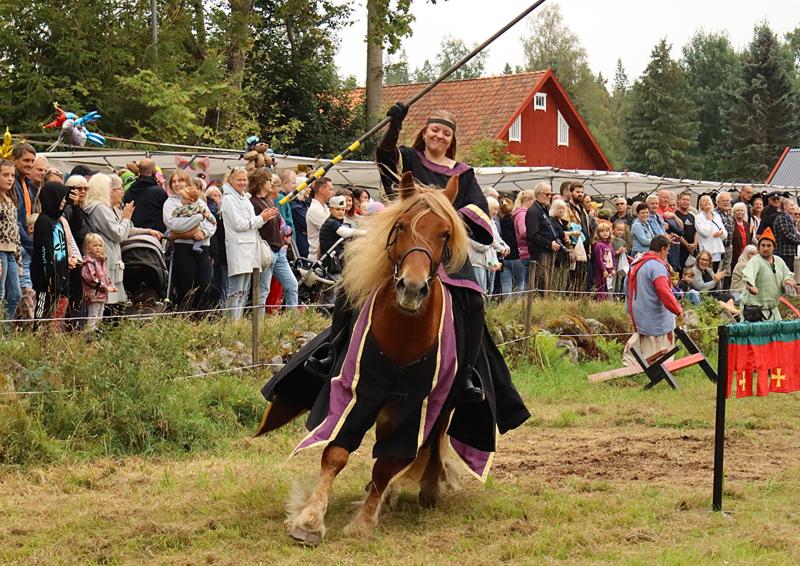 En person i medeltida dräkt rider på en häst och håller i en lans under en tornerspelstävling, medan en folkmassa av åskådare tittar på utomhus.