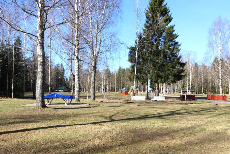 En park med lövfällande träd, picknickbord, bänkar och lekredskap under en klarblå himmel. Gräset är glest och området är väl upplyst av solljuset.