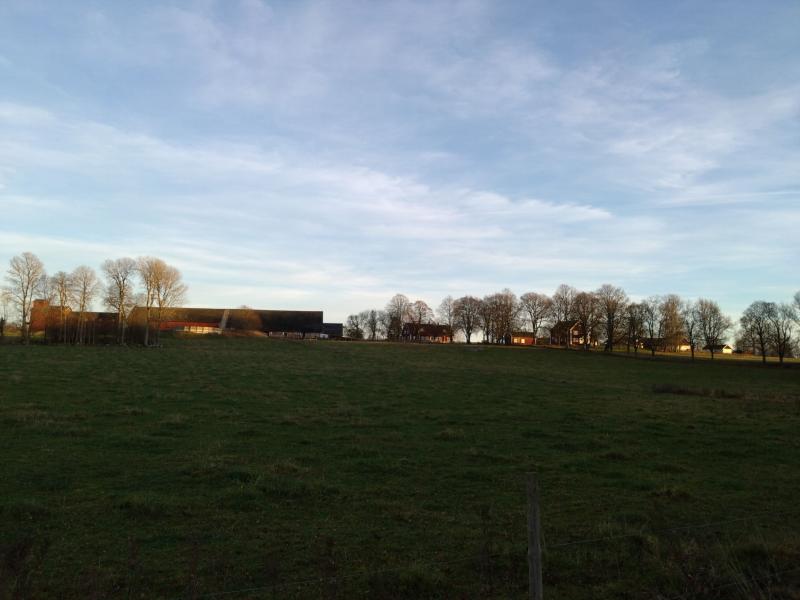 Vid vy av ett grönt fält med spridda träd och byggnader under en klarblå himmel.