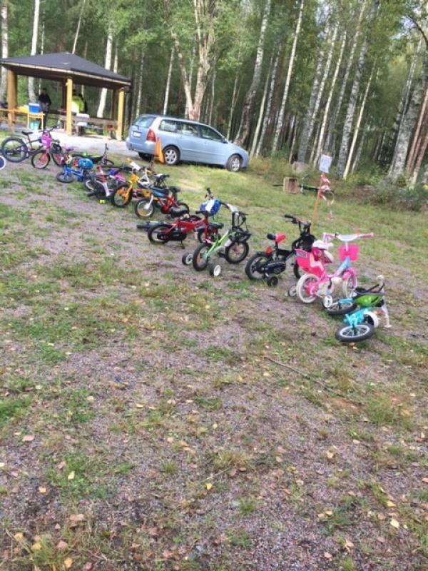 En rad barncyklar i olika färger och storlekar parkerade på en gräsyta, med ett lusthus och en parkerad bil i bakgrunden.