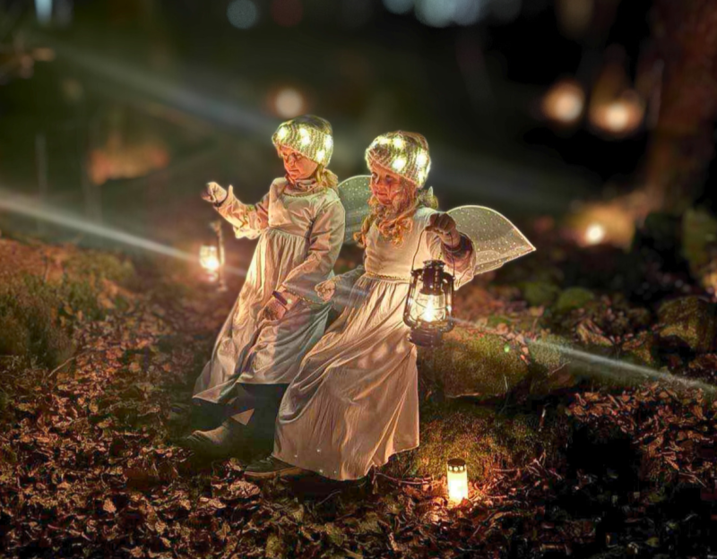 Två upplysta änglafigurer i vita kläder och gloria håller i lyktor och sitter på marken som är täckt av torkade löv, omgivna av små glödande ljus på natten.