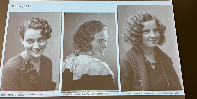 Tre svartvita porträttfotografier av kvinnor från 1934, alla vända mot kameran eller lätt vända, med tidstypiska frisyrer och kläder.