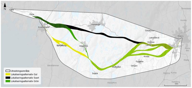 Karta som visar en föreslagen sträckning med olika lokaliseringsalternativ i form av svarta, gula och gröna linjer mellan Orme och Örebro i Sverige. Teckenförklaring finns för sträckningsalternativen.