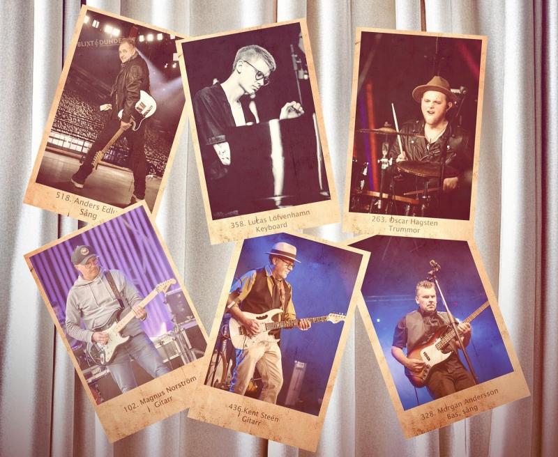 Ett collage med sex märkta foton i vintagestil visar enskilda manliga bandmedlemmar som spelar instrument eller sjunger, med namn, roller och ID-nummer på varje foto, mot en gardinbakgrund.