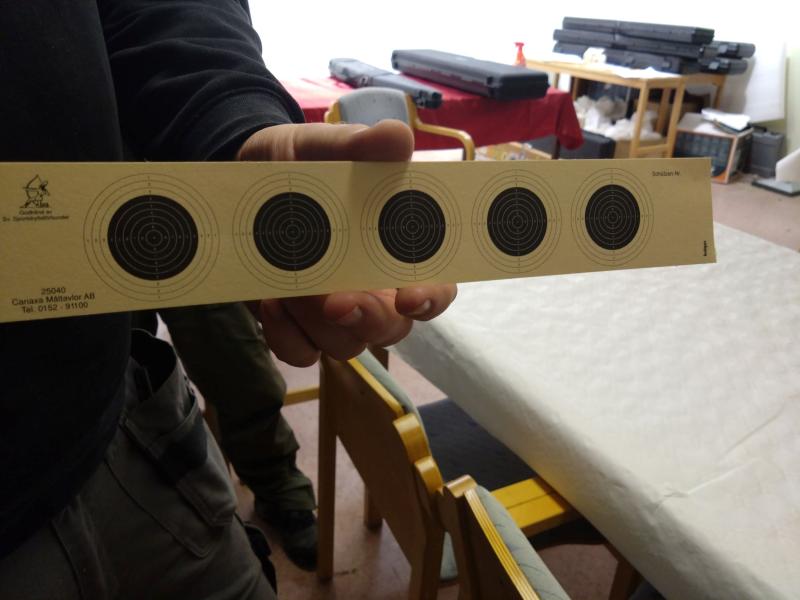 En person håller en pappersremsa med fem tryckta målcirklar i ett rum med olika möbler och föremål.