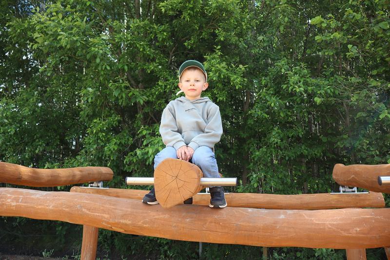 En ung pojke i grå huvtröja och keps sitter på en gungbräda av trä utomhus, med gröna träd i bakgrunden.