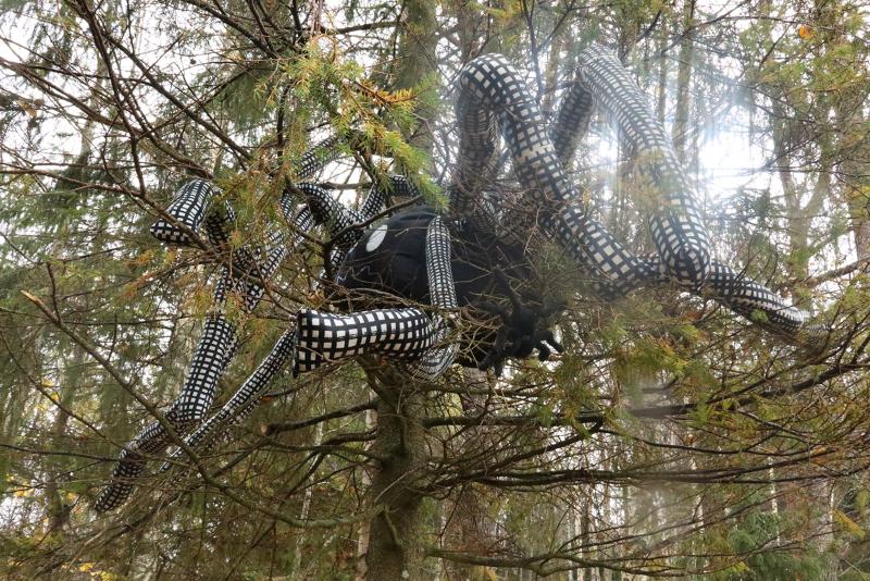 En stor, svartvitrutig spindelskulptur är placerad i grenarna på ett träd i ett skogsområde.