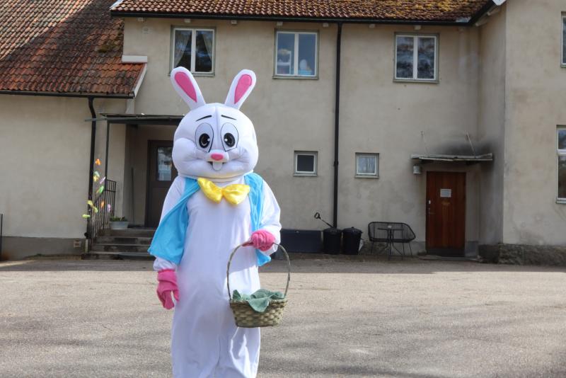 Person i vit och blå påskhare-dräkt med en korg står framför ett beige hus med tegeltak.